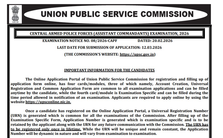 UPSC CAPF AC Recruitment 2026 – Apply Online for 349 Assistant Commandant Posts